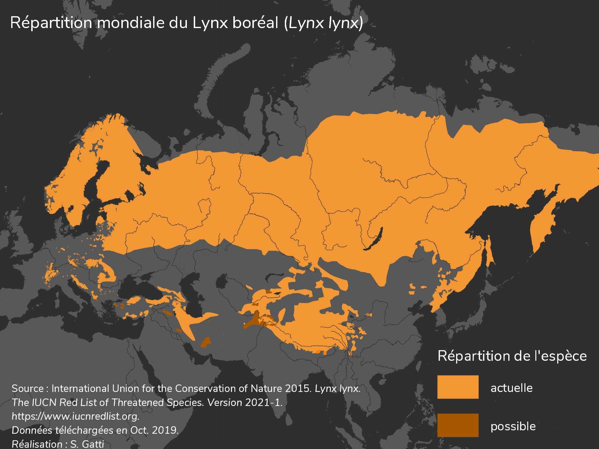 Aire de répartition du Lynx Boréal en 2019